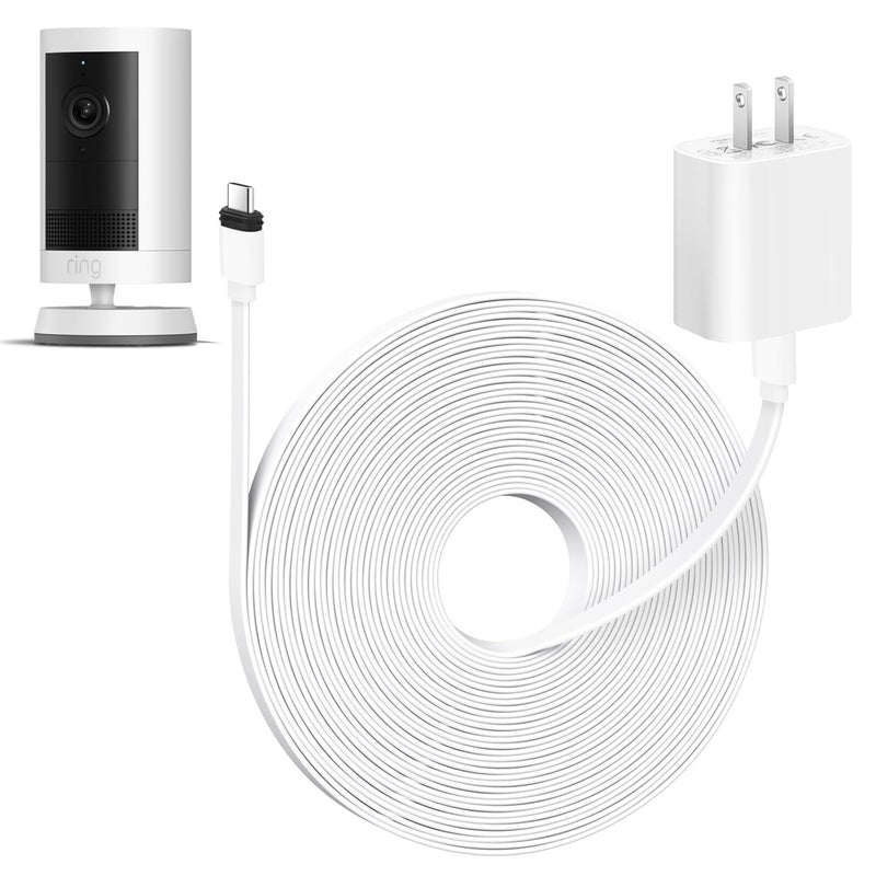 ALERTCAM 25ft Weatherproof Power Adapter for 𝐑𝐢𝐧𝐠 Spotlight Cam Plus/Pro (Battery) and Outdoor Cam Plus (Battery), Flat USB-C Power Cord for Continuous Power Supply to Security Camera, White - Image 1
